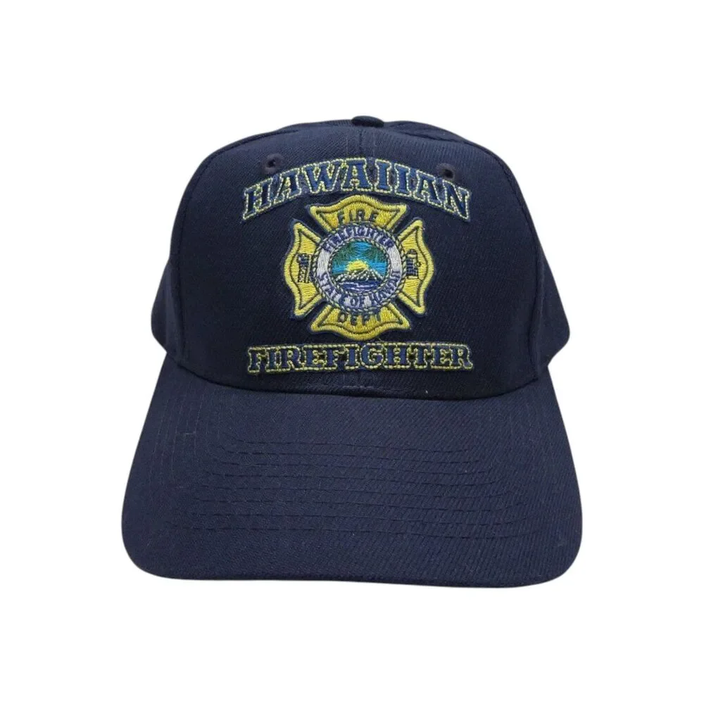 Vintage Nissin Hawaiian Firefighter Navy Blue Snapback Hat Adjustable Cap